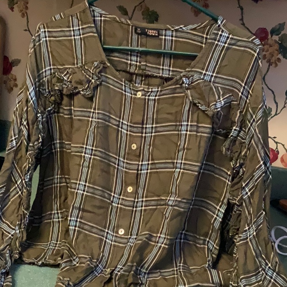 Button down olive w/blue plaid